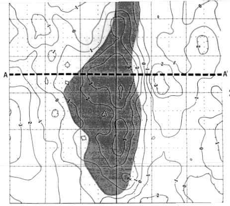 Bouguer gravity map showing the gravity contour used in the flexural